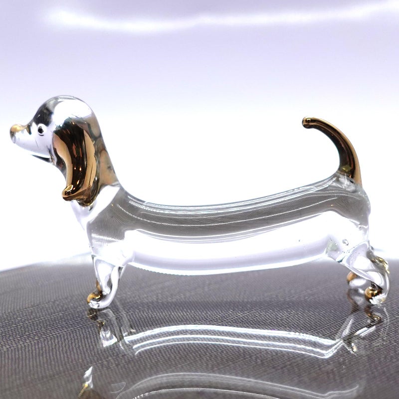 Sansukjai Dachshund Miniature Figurines Dog Animals Hand Blown Glass Art Gold Trim Collectible Gift Decorate (Clear Gold) - Image 1
